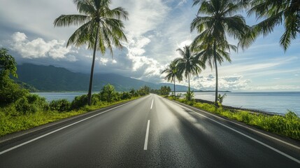 Tropical road by the sea. Lush palm trees line a paved highway