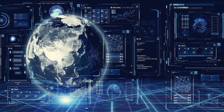 地球、グローバル、テクノロジー、科学、UX、GUI、ビジネス、研究、情報、データ、AI、クラウド、分析、実験、コントロールパネル、インターフェース、ネットワーク、サイバー、OSINT、戦略、宇宙、開発、エレクトロニクス、電子化、未来、3D、VR、バーチャル、ホログラム、SF、アジア、日本、中国、韓国、画面、プラットフォーム、横長、バナー、コピースペース、広告、イメージ、コンセプト、ビジュアル、デザ