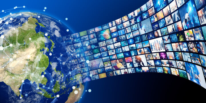 映像、動画、グローバル、地球、世界、放送、報道、ネットワーク、コンテンツ、ゲーム、エンタメ、国際、ビジネス、日本、中国、アジア、映画、ドラマ、画面、配信、作品、情報、データ、DX、科学、研究、開発、ストリーミング、テクノロジー、バーチャル、VR、サイバー、ムービー、サービス、ニュース、拡散、SNS、デザイン、共有、横長、バナー、コピースペース、広告、イメージ、コンセプト、ビジュアル、コラージュ、タ