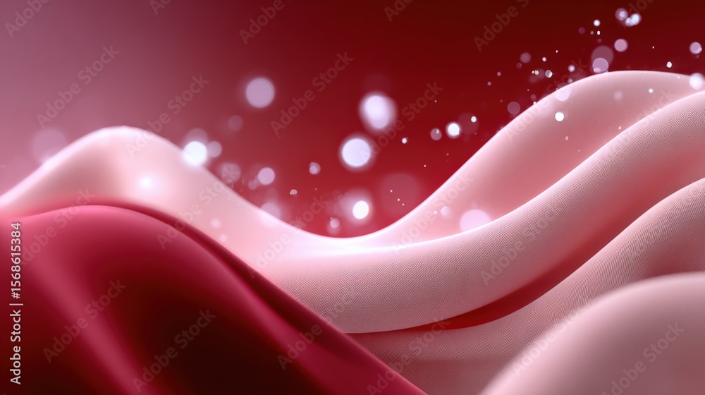 Poster Abstract Digital Art with Smooth Wavy Pink and Red Smooth Lines, Light Bokeh Effect, Flowing Curves and Dynamic Motion Background
