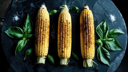 Grilled corn on the cob with fresh basil leaves arranged on a dark slate serving plate.