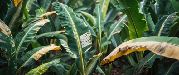 Fototapeta premium Lush green banana leaves in a dense plantation, showcasing thriving tropical vegetation and healthy foliage.