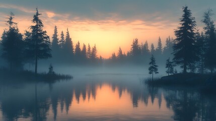 A tranquil landscape featuring a misty sunrise or sunset with water reflections and silhouetted trees. Warm light and fog create a serene, atmospheric Weather Theme scene.