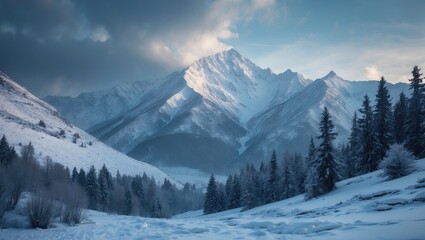 Snow-covered mountains and pine trees in a winter landscape. Nature and mountain scenery, cold weather, and tranquility. The scene of mountains and forest in winter.