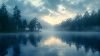 Fototapeta premium A tranquil lake scene featuring mist-shrouded trees reflected in calm water under a soft, cloudy sky. Atmospheric weather theme creates a peaceful and serene natural landscape.