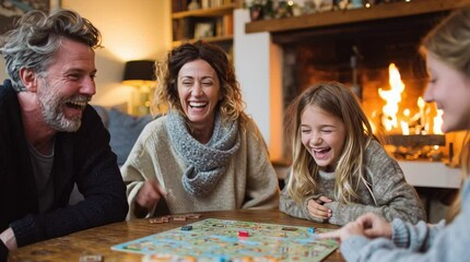 Family game night by the fireplace: board games, family time, and indoor activities for kids - Powered by Adobe