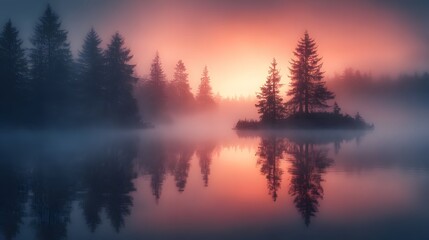 A tranquil landscape captures a foggy morning on a calm lake. Coniferous trees stand tall, reflecting the colorful sunrise or sunset sky, with a weather theme of mist creating depth.