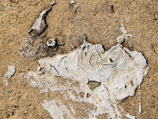 Cracked piece of white paint on cement wall texture background.