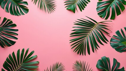 Green palm leaves arranged on pink background. Exotic leaves and tropical theme. Nature, botanical and summer vibes.