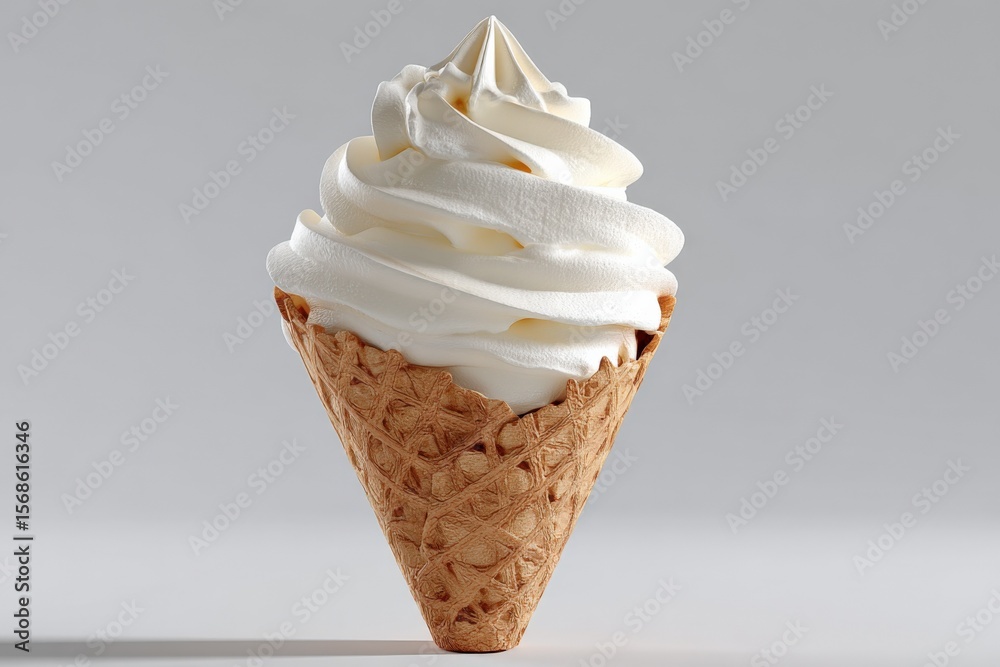 Aufkleber Delicious creamy vanilla soft serve ice cream swirled in a crisp waffle cone on a plain light grey surface with neutral background