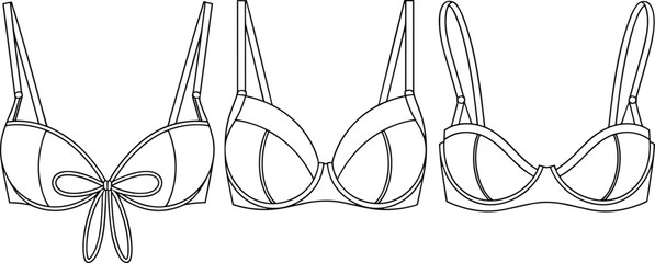 Stylish Women's Bra Technical Flats Vector Set, Featuring Various Design Details, Ideal for Lingerie Design and Apparel Mockups.
