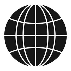 A stark black and white graphic illustration of a stylized globe with a grid of white lines representing continents and meridians