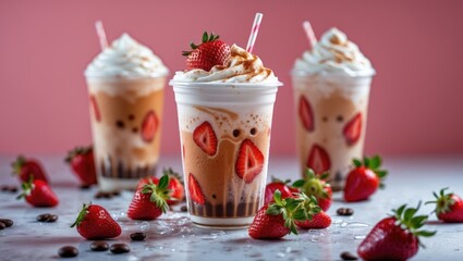Three strawberry milkshakes topped with whipped cream and strawberries surrounded by fresh strawberries on a white surface.