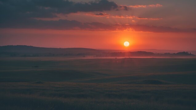 Sunset over a landscape with clouds and rolling hills, creating a serene and beautiful scene.