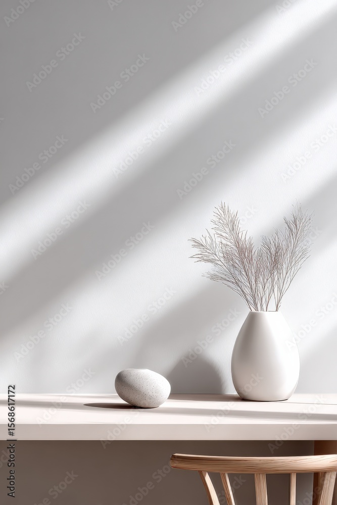Poster minimalist interior scene with white vase containing dried flowers on a shelf with shadow patterns a