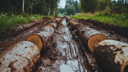 Muddy trail with logs