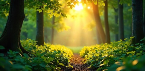 Golden Sunlight Streams Through Lush Forest Undergrowth, Illuminating a Warm and Peaceful Scene, Perfect for Nature, Wellness, and Environmental Themes.