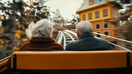Back view of a senior couple riding a high-speed roller coaster at a theme park, arms raised in joy. A moment of thrill, freedom, and shared adventure, symbolizing ageless fun and youthful spirit.

