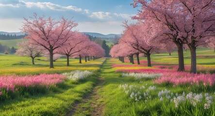 Obraz premium Pink cherry blossom trees along a lush green field with colorful flowers, under a blue sky with clouds.