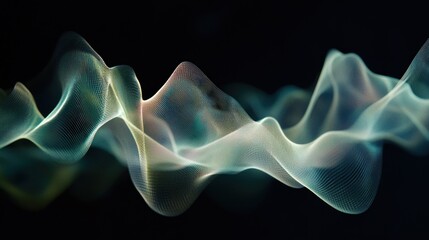 Abstract wave forms in teal, pale yellow, and white, on a black background