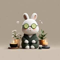 Adorable Bunny in Spa Robe with Cucumber Eye Masks  Peaceful Zen Relaxation Illustration