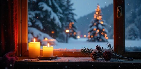 Cozy Winter Window Scene Candlelight Illuminates Snowy Landscape, Perfect for Holiday Hygge and Winter Designs