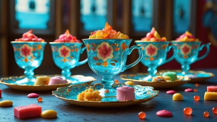 Elegant teacups with colorful desserts, sweets, and candies on plates, creating a festive and decorative table setting.