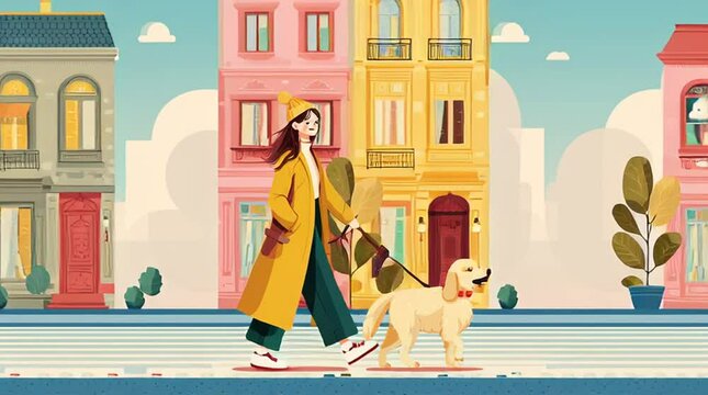 Woman walking golden retriever dog in city street illustration style art design vector image