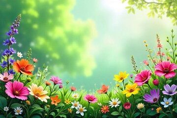 Vibrant Wildflower and Greenery Border Lush Summer Nature Background for Design Projects