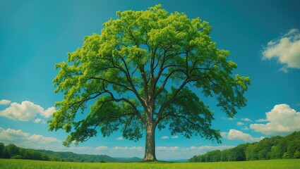 A large, lush green tree standing alone in a field under a bright blue sky with white clouds.
