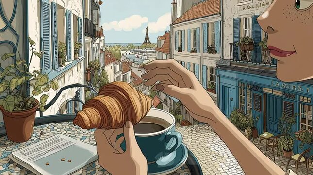 Parisian cafe scene: woman drinking coffee with eiffel tower view and croissant illustration art
