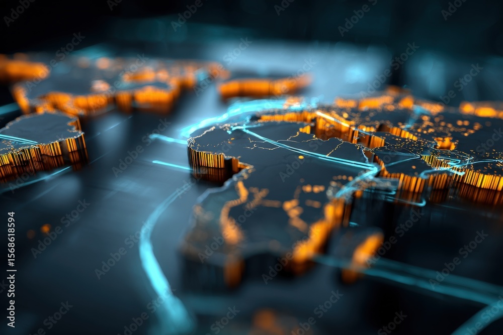 Leinwandbilder Highly detailed projection of a digital world map with illuminated continents and glowing connecting lines showcasing global network connectivity