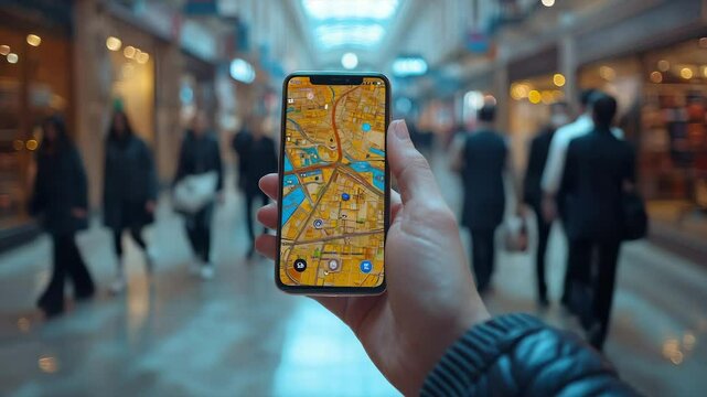 Smartphone displaying navigation app in a shopping mall