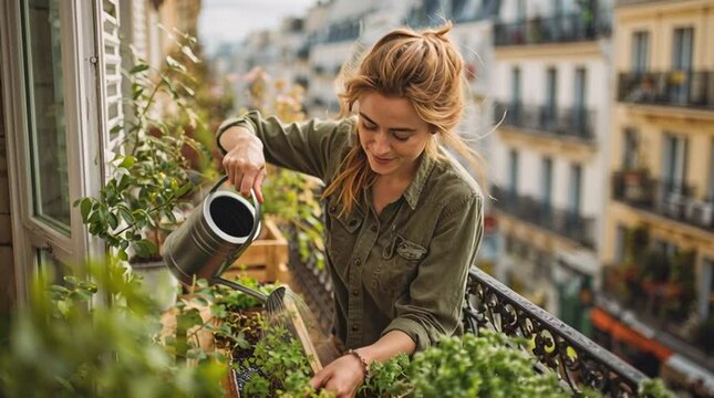 Balcony garden ideas: woman gardening on apartment balcony in paris, urban gardening tips and inspiration