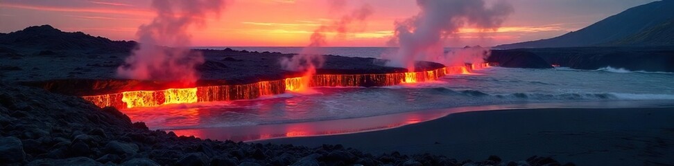 Fiery Sunset Lava Flow on Black Sand Beach, Big Island A Mesmerizing Volcanic Spectacle of Heat, Steam, and Dramatic Beauty.