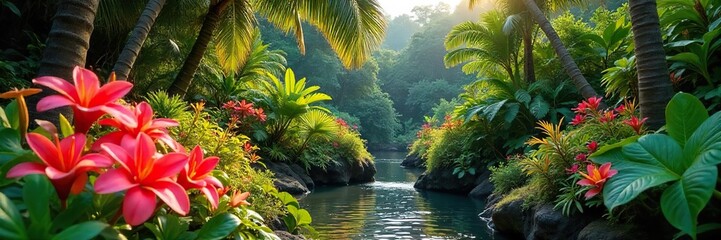 Vibrant Hawaiian Botanical Garden Exotic Flowers and Lush Foliage Thrive