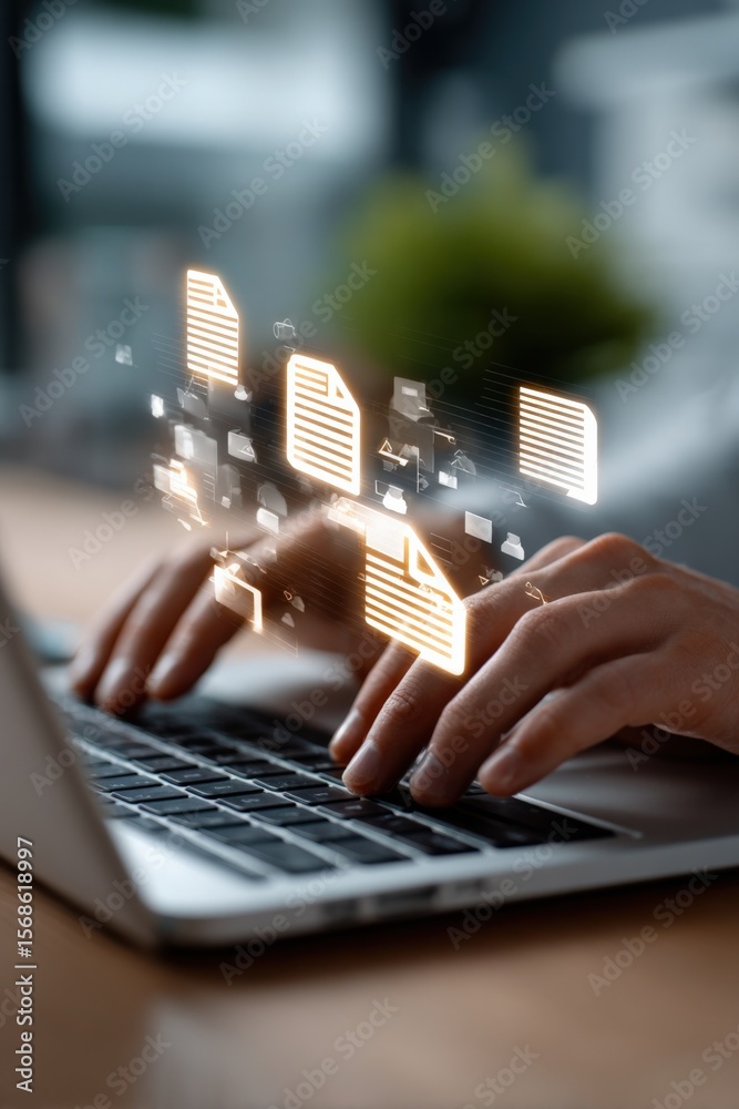 Poster Modern business businessman working on laptop computer with digital icons representing data analysis and communication technology concepts
