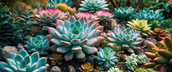A variety of colorful succulents and cacti grown in a garden or greenhouse setting.