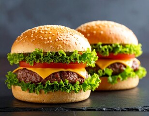 Two delicious cheeseburgers with fresh ingredients, ready to eat.
