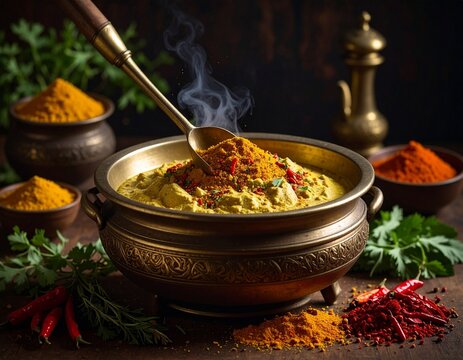 Aromatic Indian spices simmering in a rustic brass bowl, surrounded by colorful powders and fresh herbs.