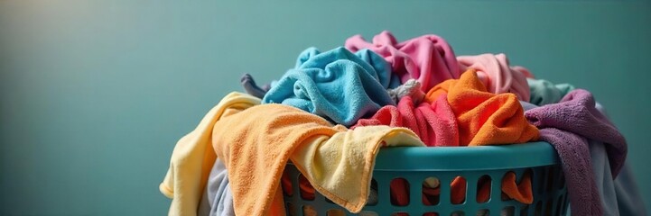 Overflowing Laundry Basket A Chaotic Pile of Colorful Clothes Ready for Washing, Representing Busy Lifestyles and Household Chores in a Home Setting.
