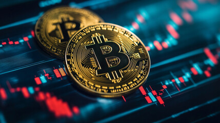 Digital candlestick chart illustrating cryptocurrency and stock market trends with financial data, technology elements, and bitcoin symbols. Represents investment analysis, trading growth, and market 