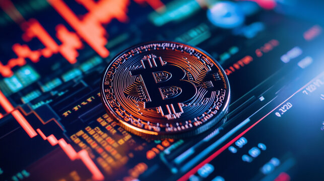 Digital candlestick chart illustrating cryptocurrency and stock market trends with financial data, technology elements, and bitcoin symbols. Represents investment analysis, trading growth, and market 