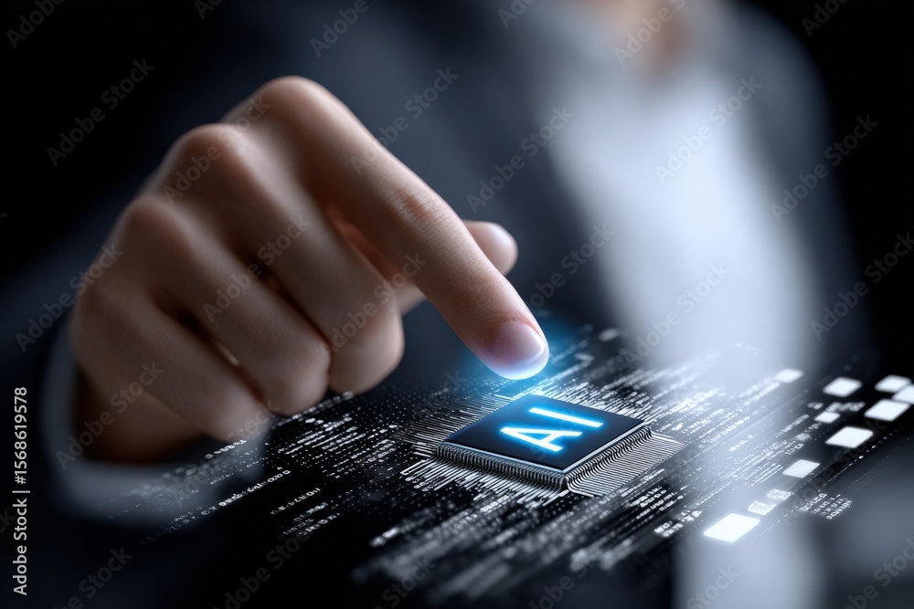 Leinwandbilder Close-up of a person interacting with a futuristic digital interface on a smartphone device with glowing AI icons and data visualization elements