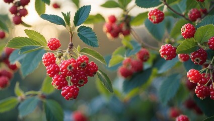Clusters of ripe red berries on a bush with green leaves.