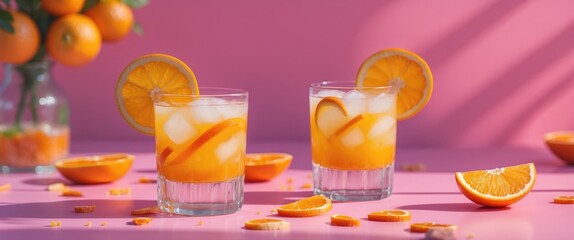 Two glasses of orange juice with slices of orange, on a pink background, surrounded by orange slices and small bowls of oranges.