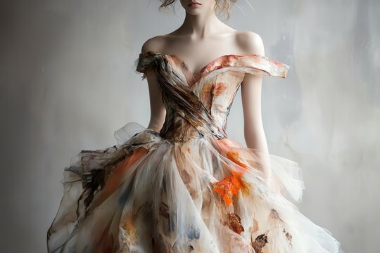 An elegant model in an artistic dress that blends fashion and nature's beauty, showcasing creativity and style.