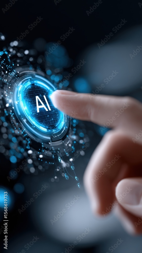 Fototapete modern artificial ligence technology concept with a futuristic glowing blue ai button being pressed 