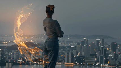 Silhouette of a businesswoman from behind, standing before a blurred globe with network connections and cityscape. Represents global business, connectivity, leadership, and innovation. Caption space o - Powered by Adobe