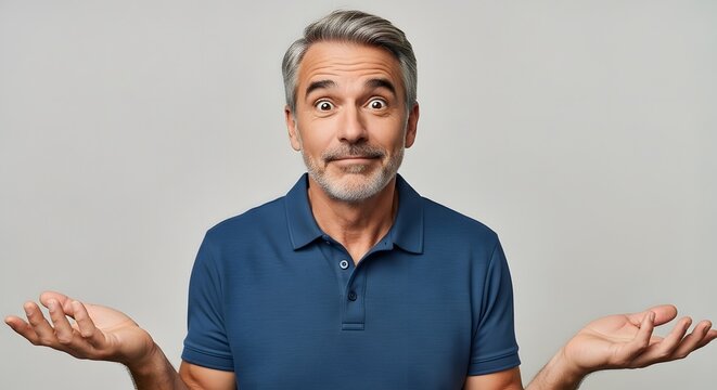 Portrait of a middle-aged person with graying hair expressing uncertainty against a neutral gray background. He wears a blue shirt with an open-mouthed expression and raised eyebrows.
